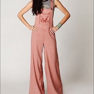 FREE PEOPLE FARRAH EXTREME VINTAGE LINEN EMBROIDERED FLARE WIDE LEG OVERALLS L